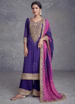 Real Chinnon Purple Party Wear Embroidery Work Readymade Plazzo Suit